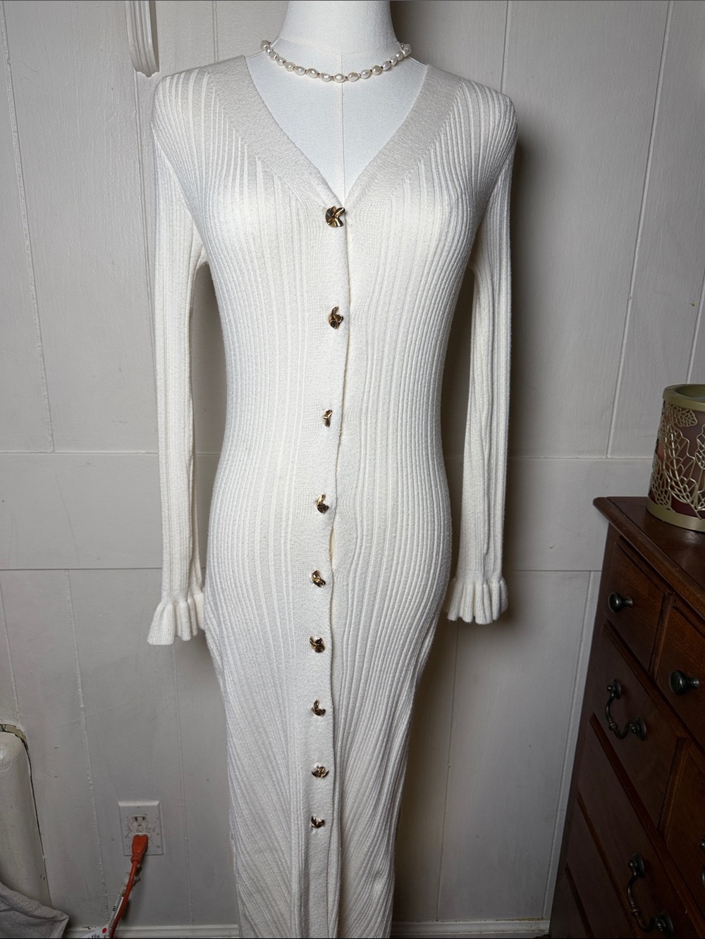 Elegant Cream Ribbed Gold Button-Front Knit Dress